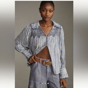 PILCRO Long-sleeve Victorian Buttondown Blouse In Blue Large